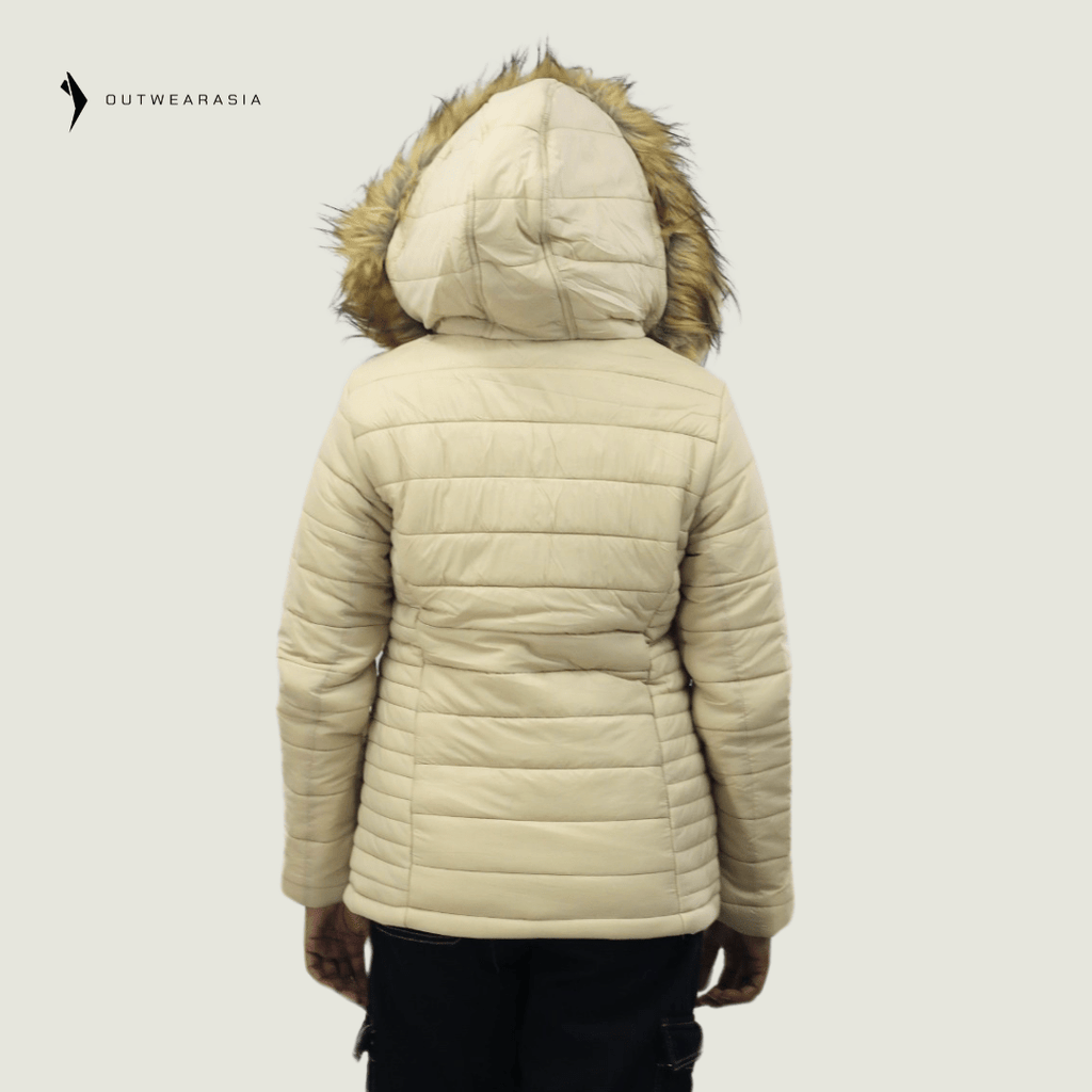 Premium Winter Ladies Jacket With Fa Hood- Off White Amber