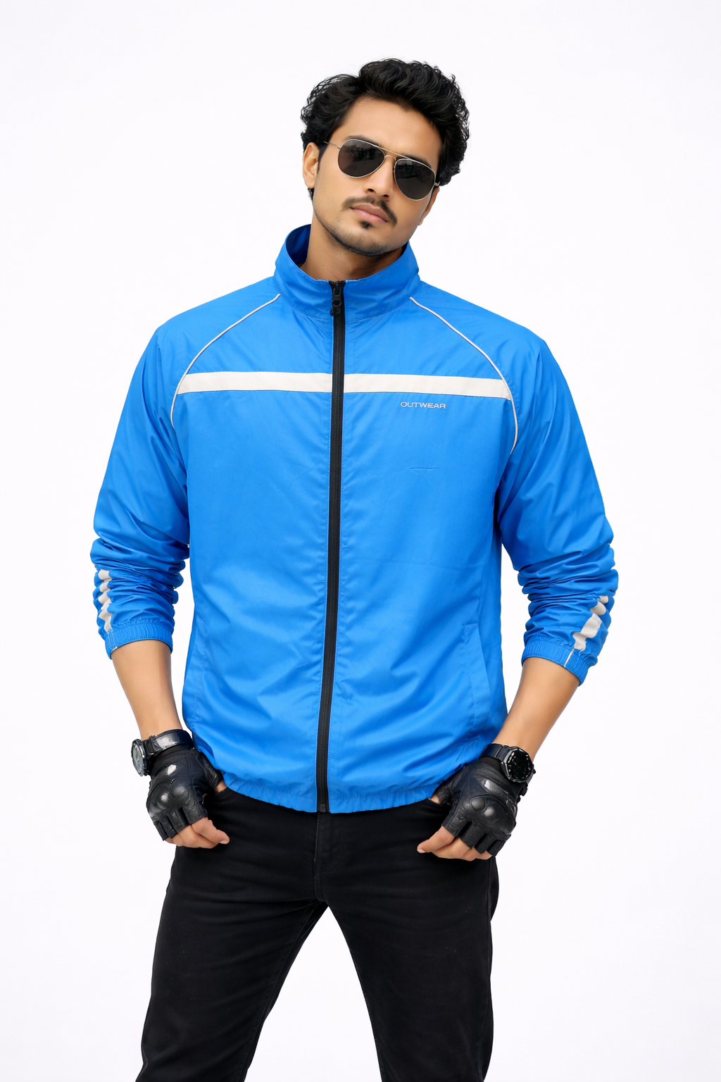 Printed Reflective, More Elasticity RIB & Raglan Collar Windbreaker- Gusty Sky Blue