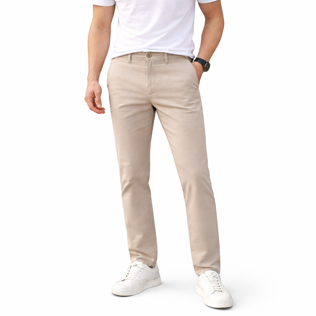 Men’s Slim Fit Beige Stretch Chinos – Canvas Cotton Fabric