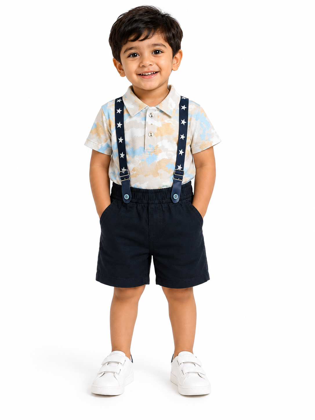 Boys Printed Suspender Shorts Set