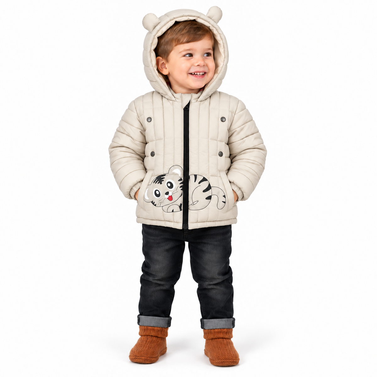 Kids Cat Face Puffer Jacket – Cream