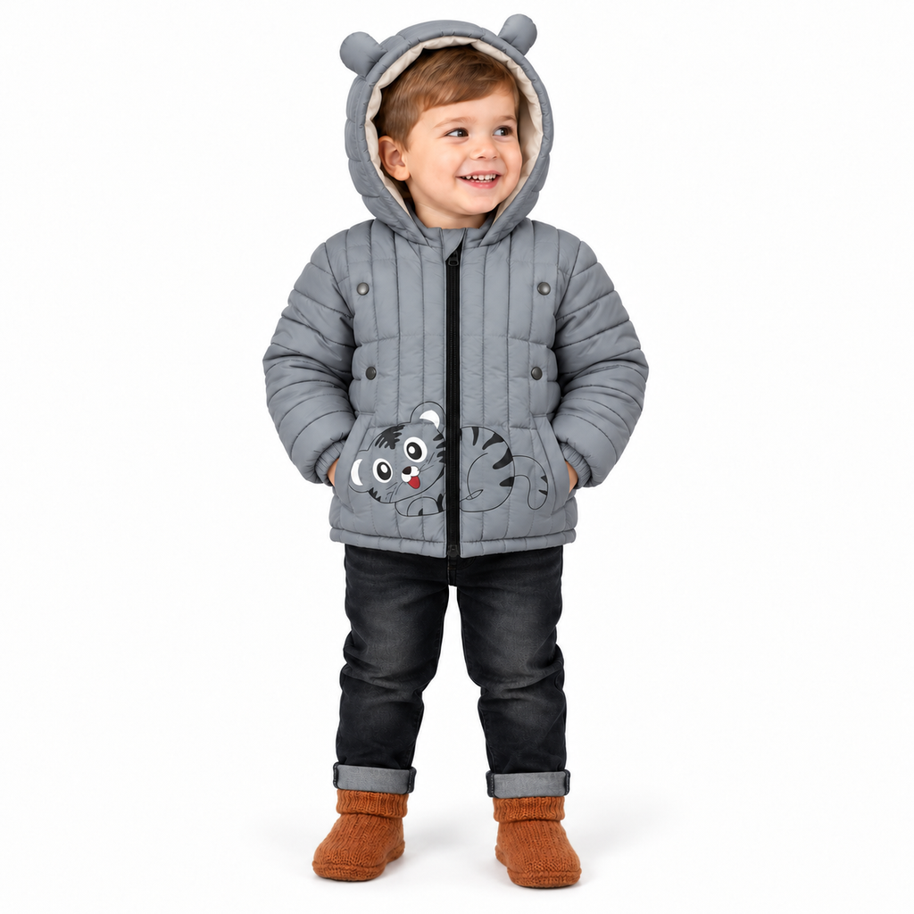 Kids Cat Face Puffer Jacket – Ash Grey