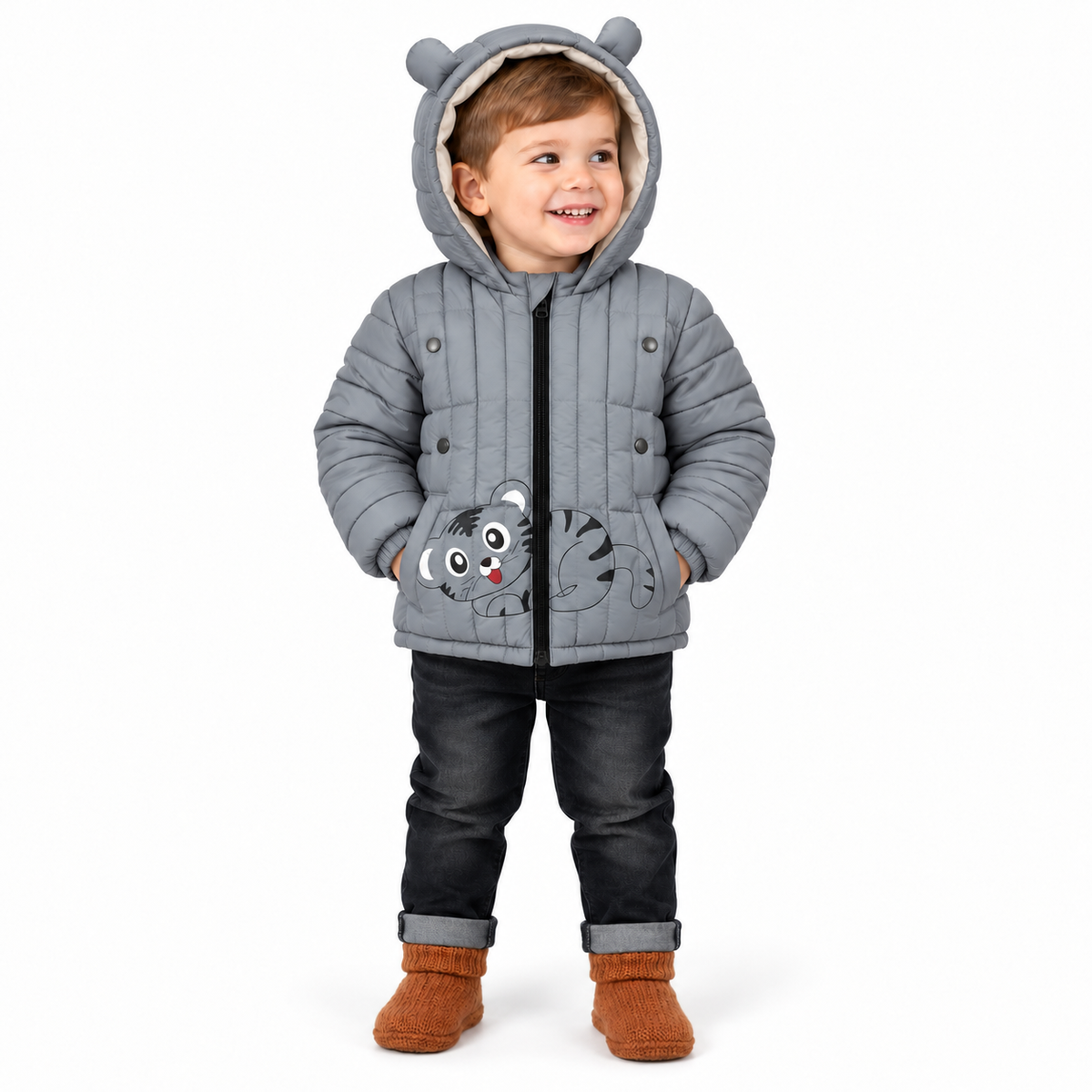 Kids Cat Face Puffer Jacket – Ash Grey