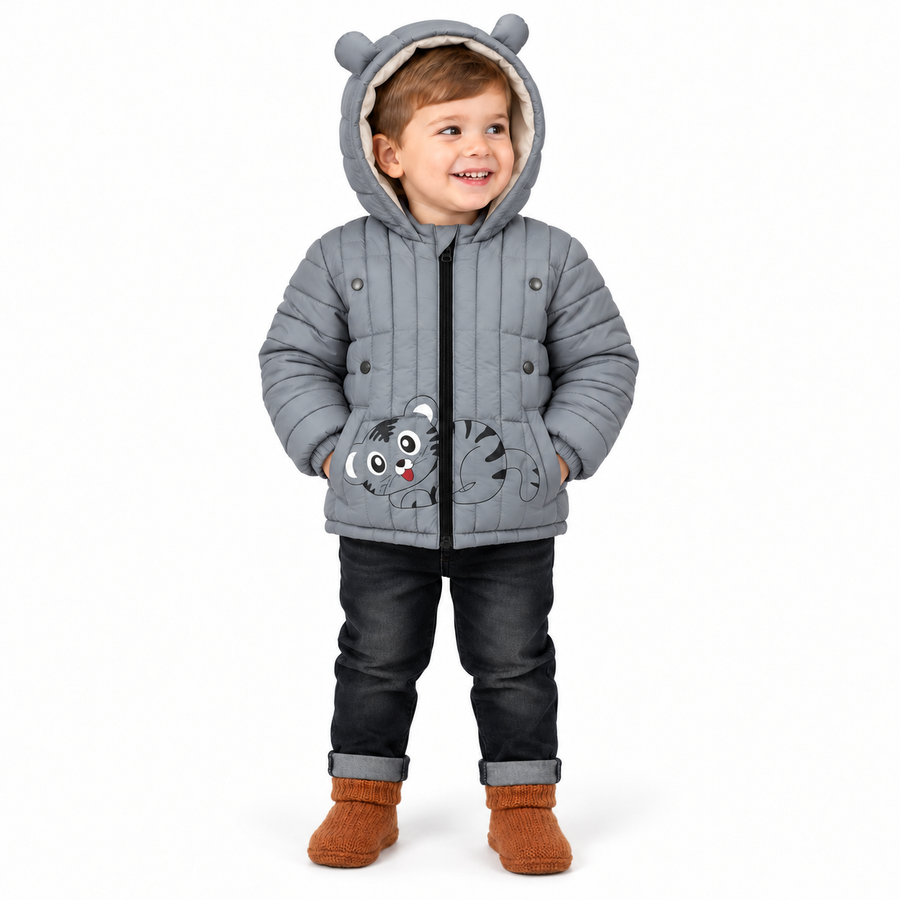 Kids Cat Face Puffer Jacket – Ash Grey