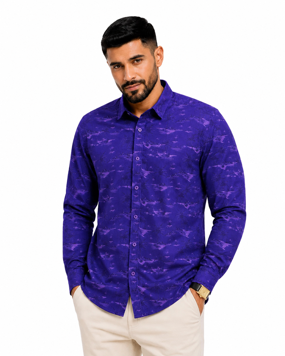 Men’s Premium Tropical Print Full-Sleeve Shirt – Royal Purple