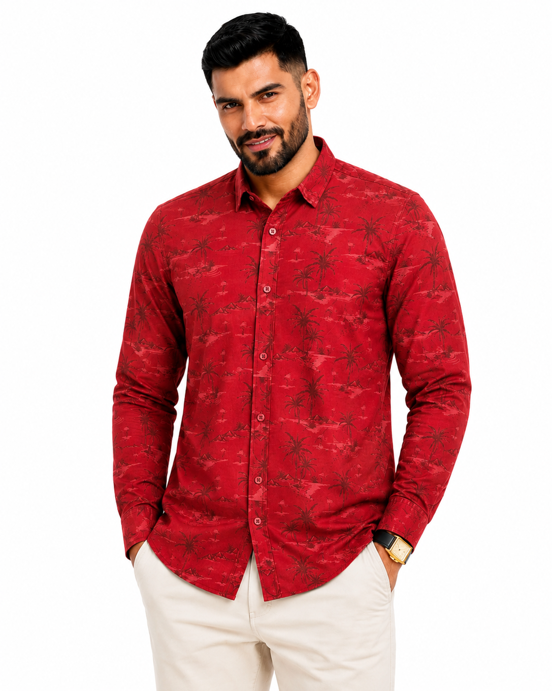 Men’s Premium Tropical Print Full-Sleeve Shirt – Maroon