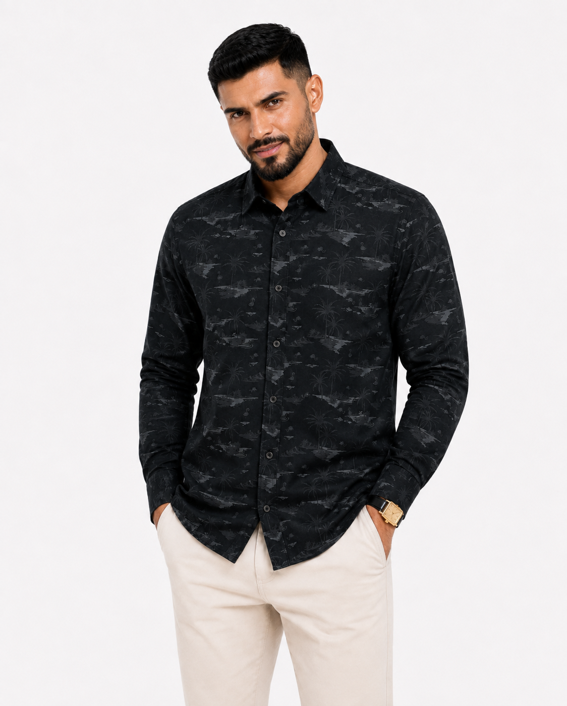 Men’s Premium Tropical Print Full-Sleeve Shirt – Black