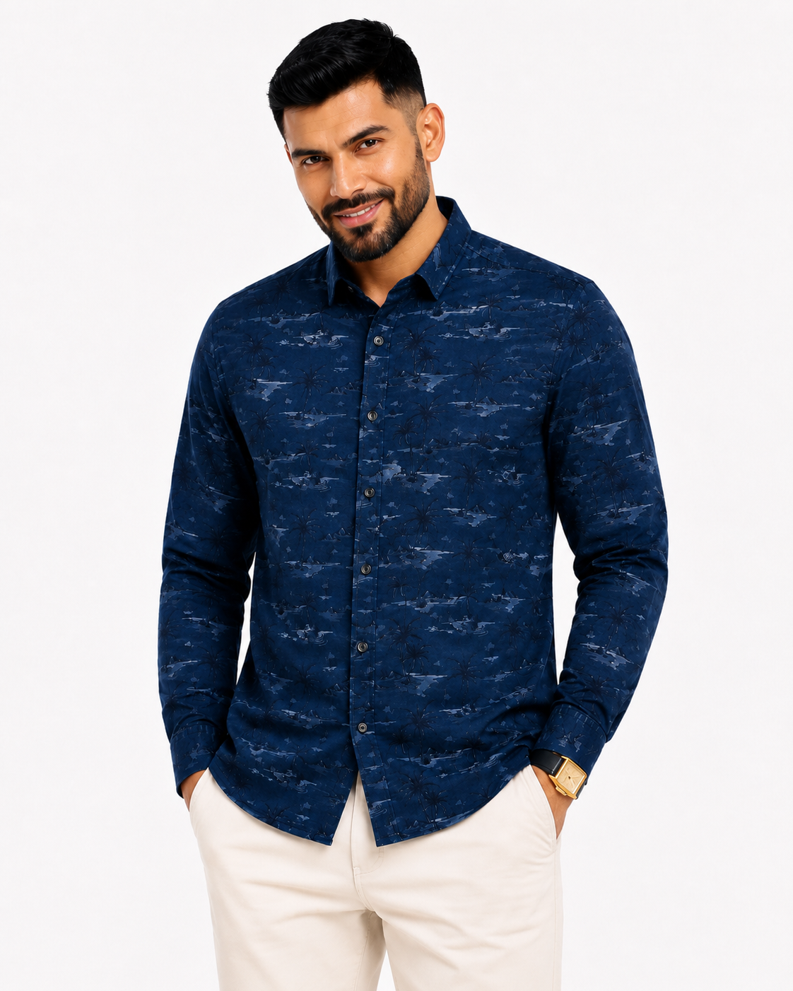 Men’s Premium Tropical Print Full-Sleeve Shirt – Navy