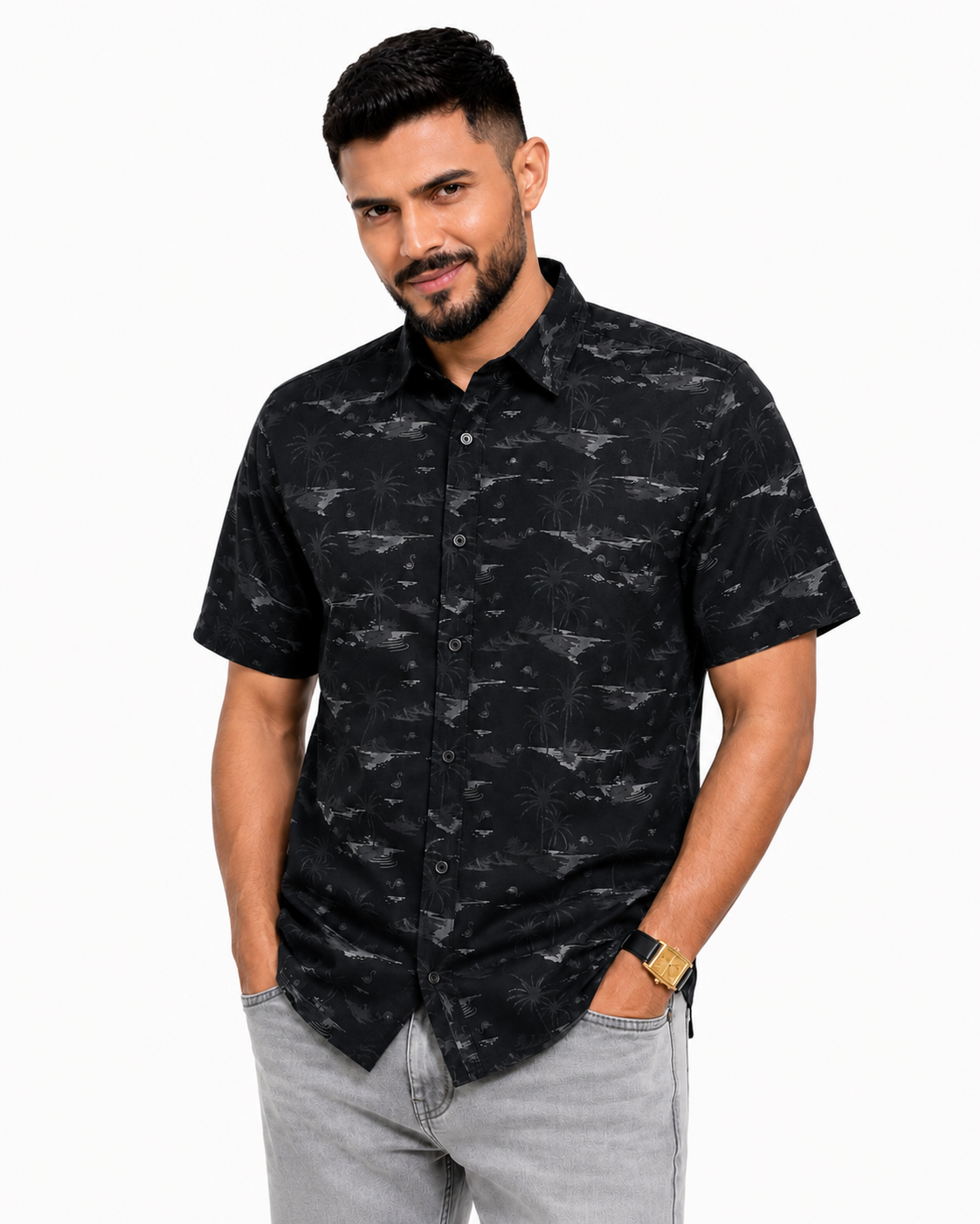 Men’s Premium Tropical Print Half-Sleeve Shirt – Black