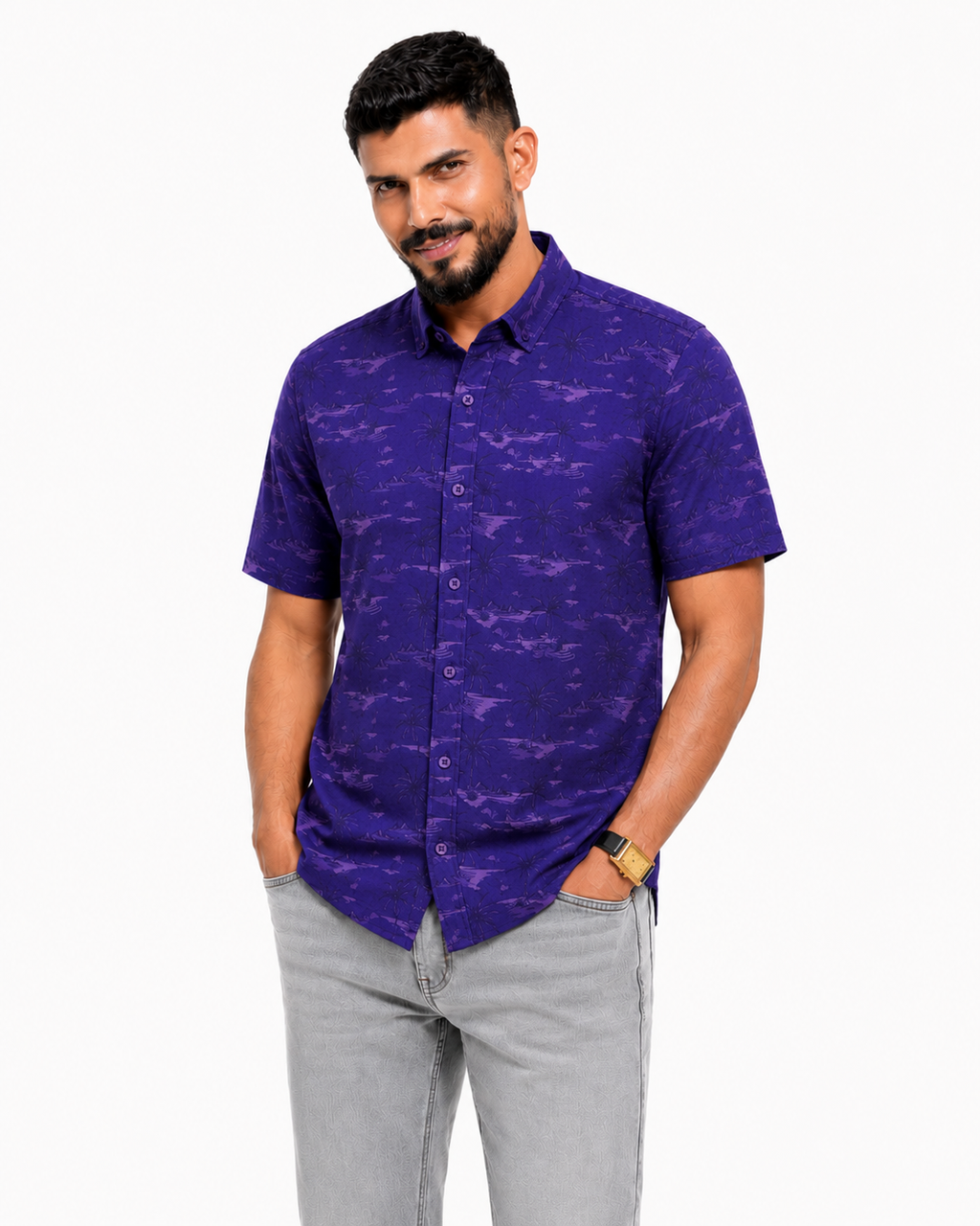 Men’s Premium Tropical Print Half-Sleeve Shirt – Royal Purple