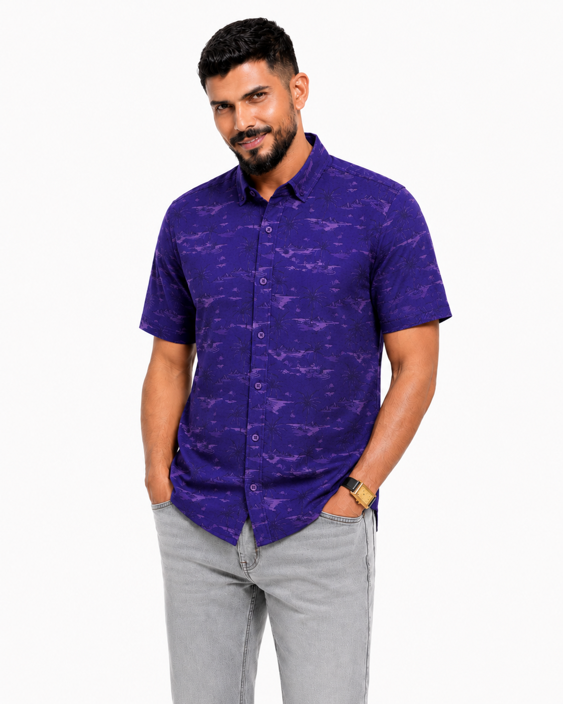 Men’s Premium Tropical Print Half-Sleeve Shirt – Royal Purple