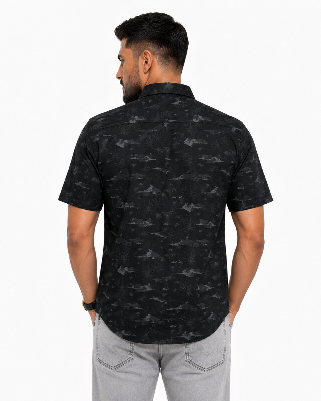Men’s Premium Tropical Print Half-Sleeve Shirt – Black