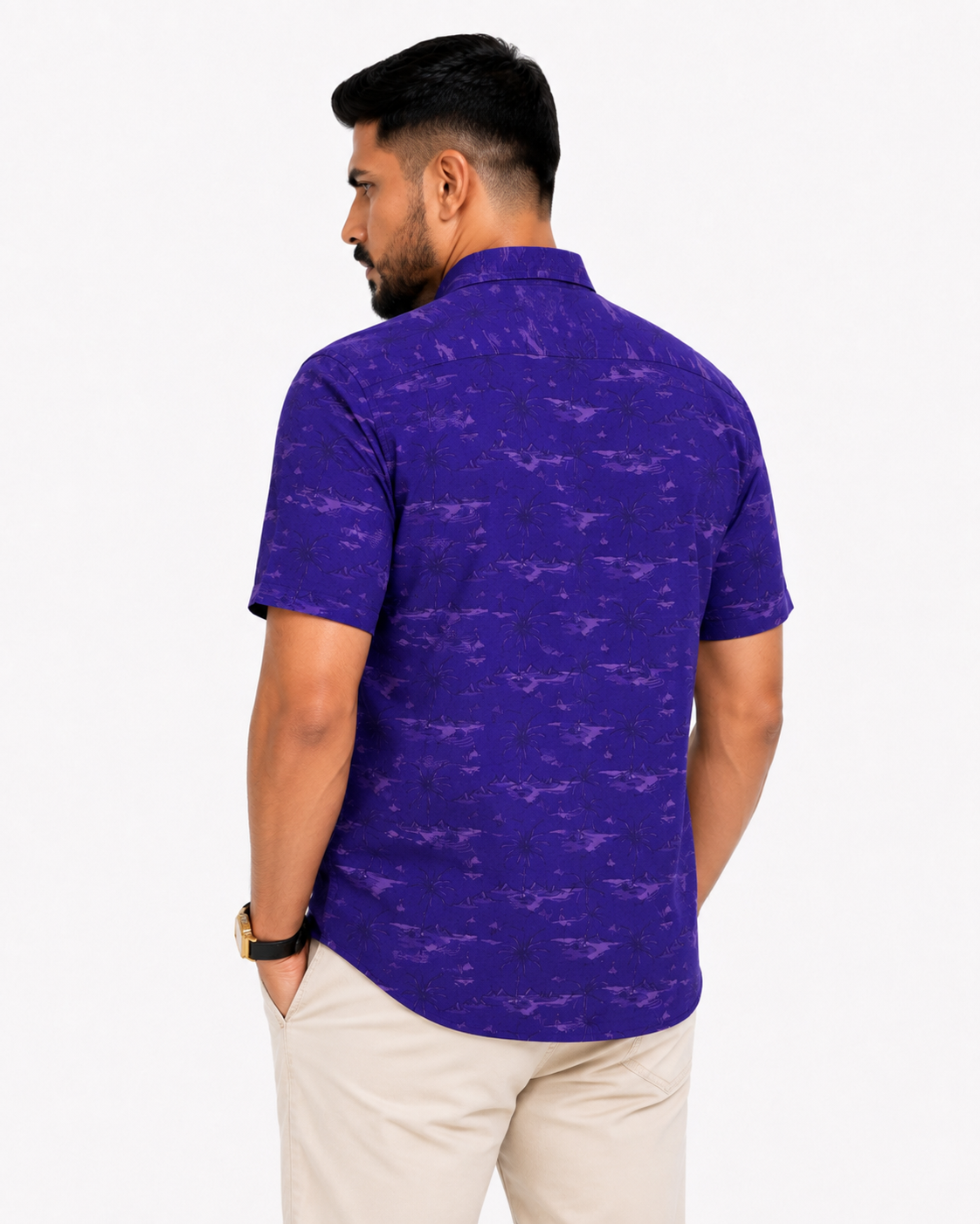 Men’s Premium Tropical Print Half-Sleeve Shirt – Royal Purple