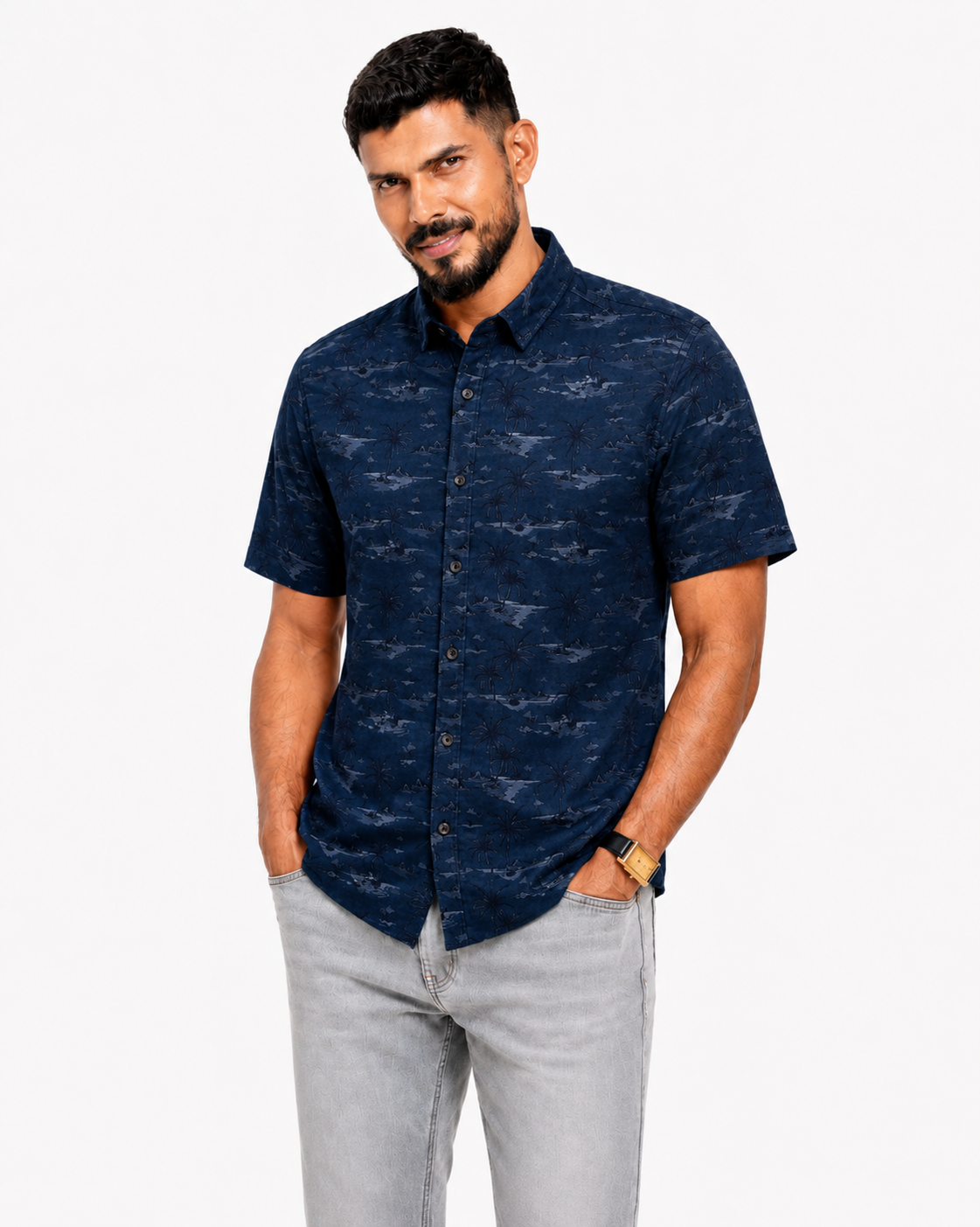 Men’s Premium Tropical Print Half-Sleeve Shirt – Navy