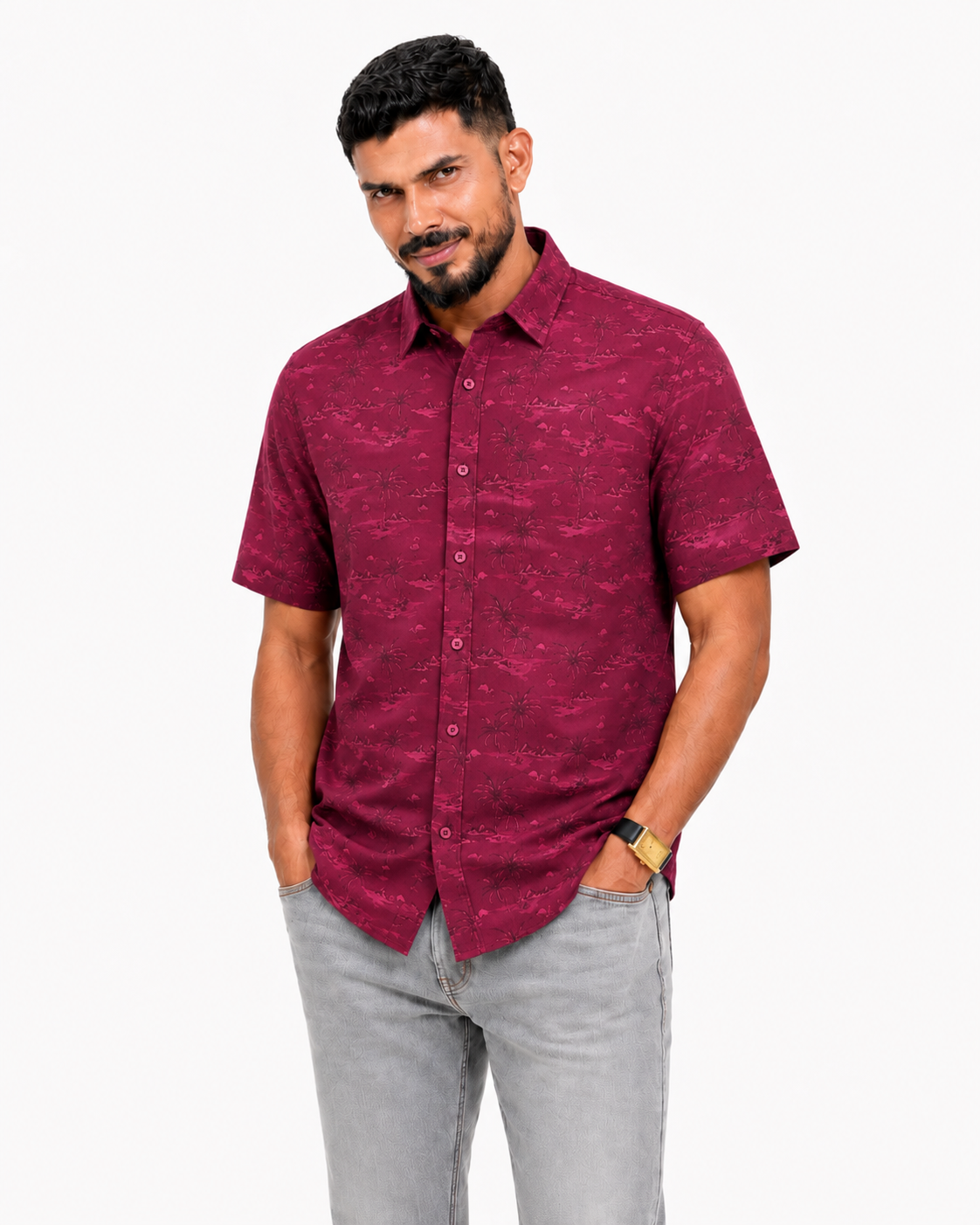 Men’s Premium Tropical Print Half-Sleeve Shirt – Maroon
