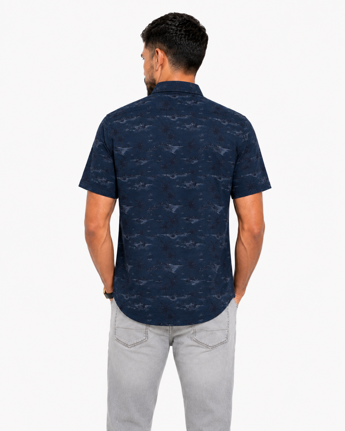 Men’s Premium Tropical Print Half-Sleeve Shirt – Navy