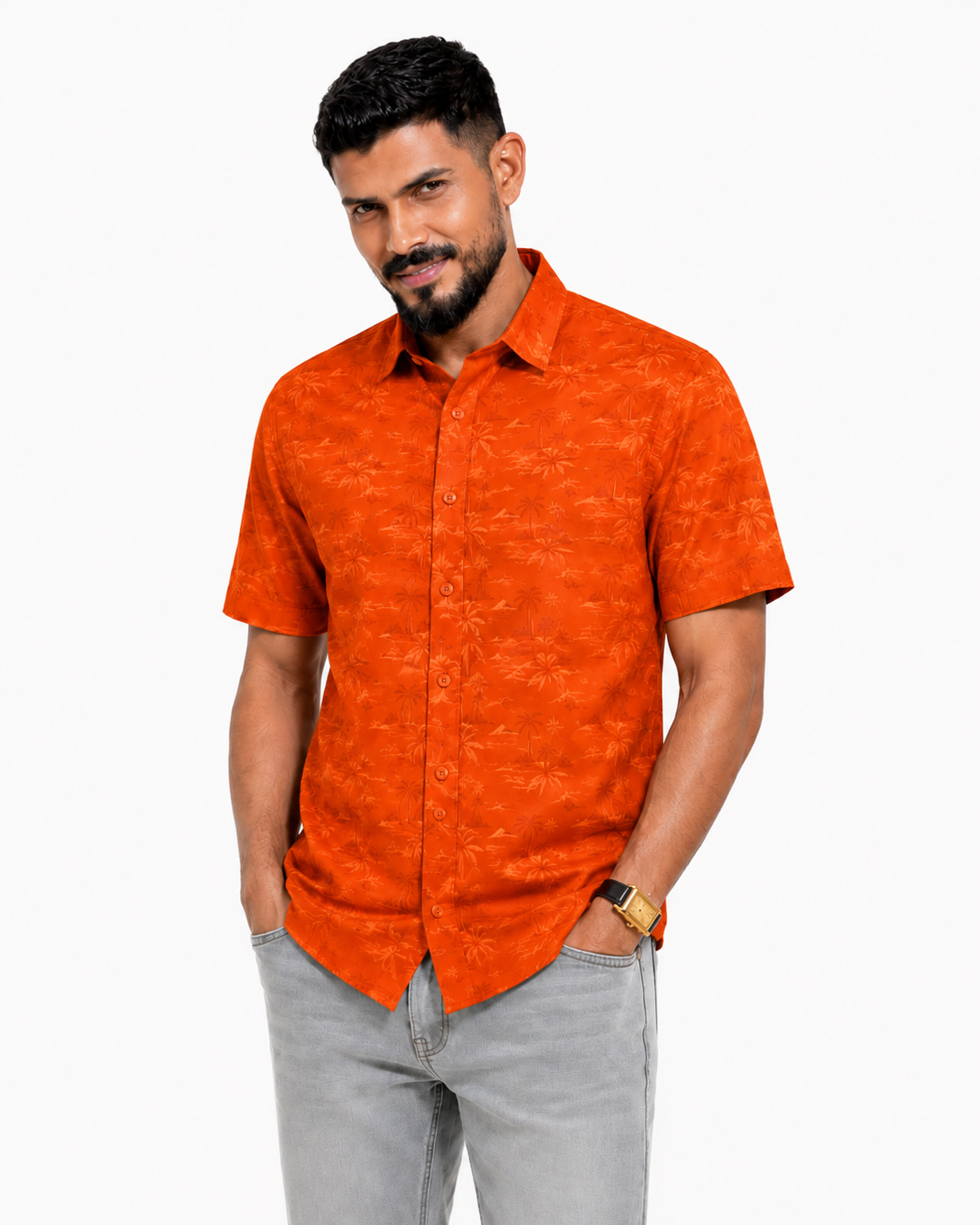 Men’s Premium Tropical Print Half-Sleeve Shirt – Orange
