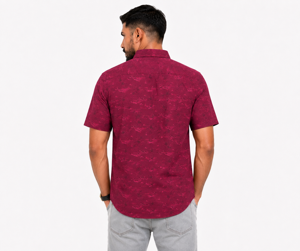 Men’s Premium Tropical Print Half-Sleeve Shirt – Maroon