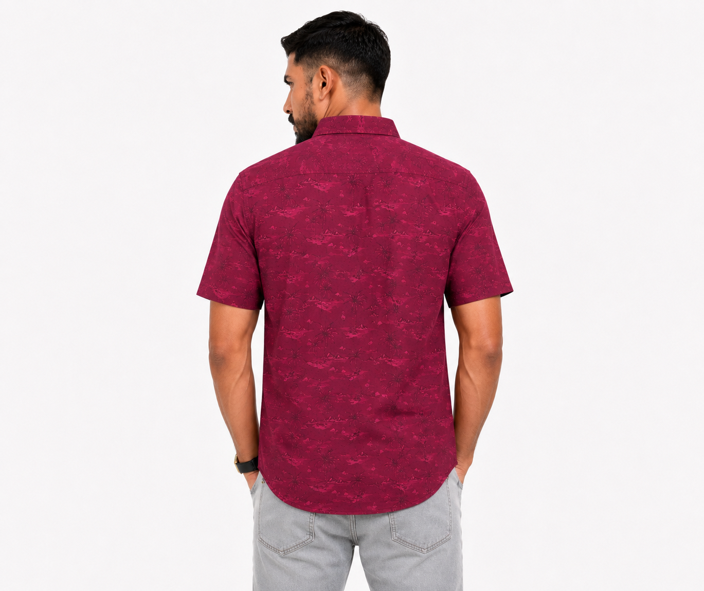 Men’s Premium Tropical Print Half-Sleeve Shirt – Maroon