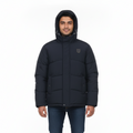 Man wearing a black puffer jacket on a white background