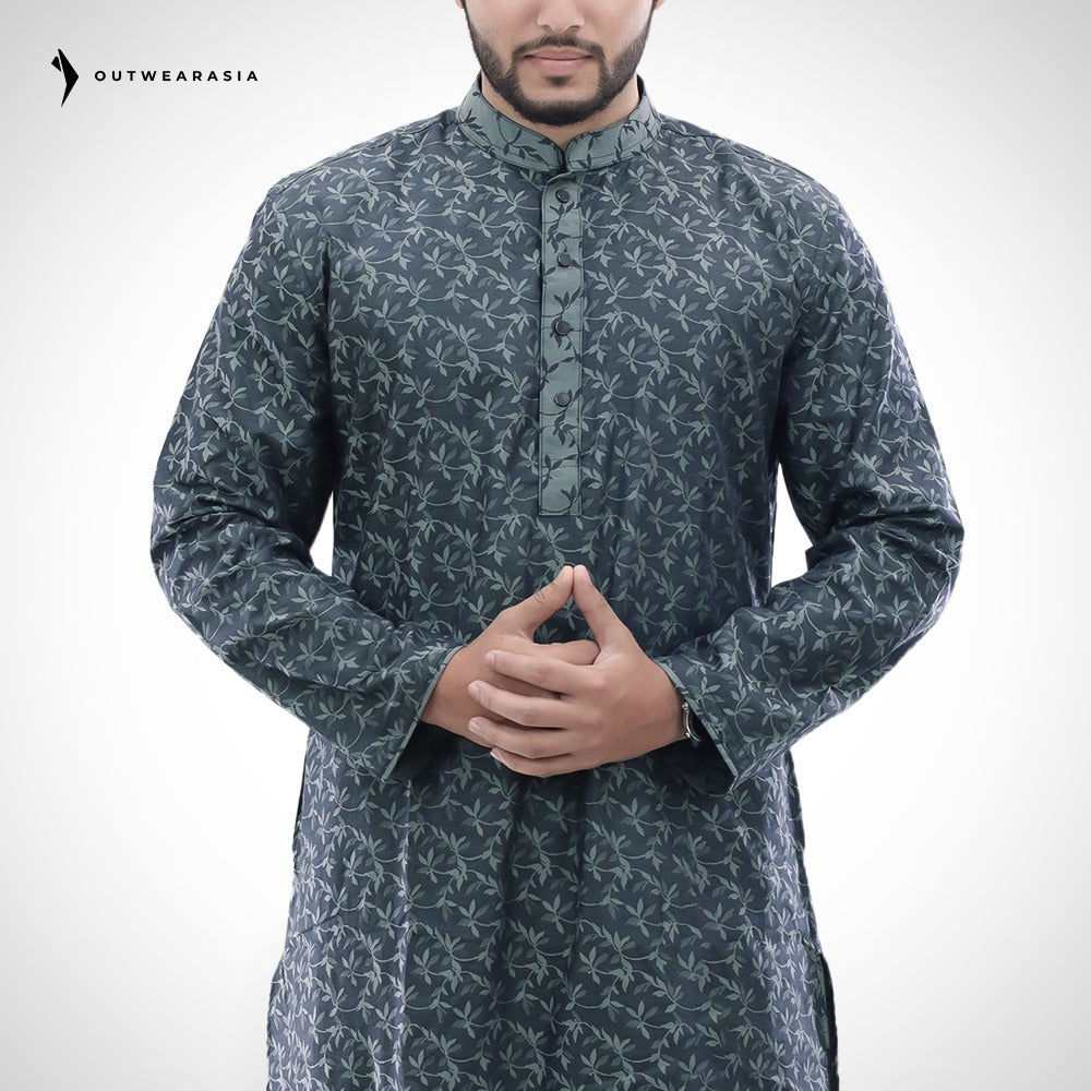 Men's Printed Jacquard Fabric Panjabi | Outwear- D24_Printed Ash