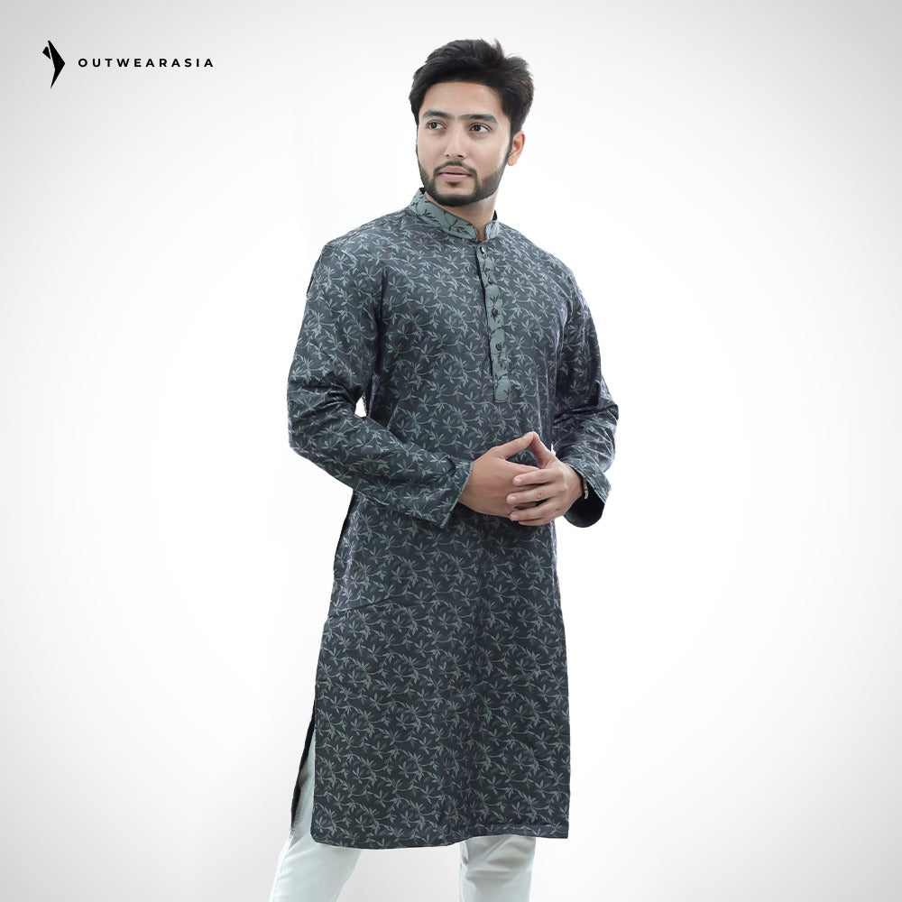 Men's Printed Jacquard Fabric Panjabi | Outwear- D24_Printed Ash