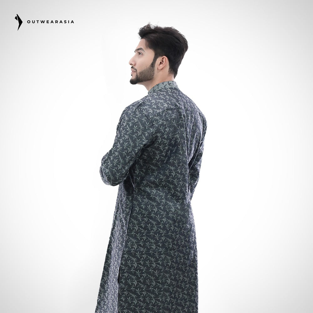 Men's Printed Jacquard Fabric Panjabi | Outwear- D24_Printed Ash