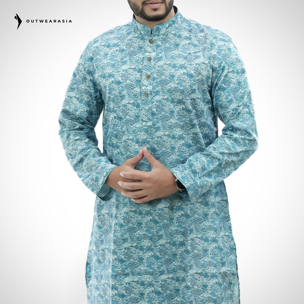 Men's Printed Premium  Cotton Panjabi | Outwear - STPA_Sky Print
