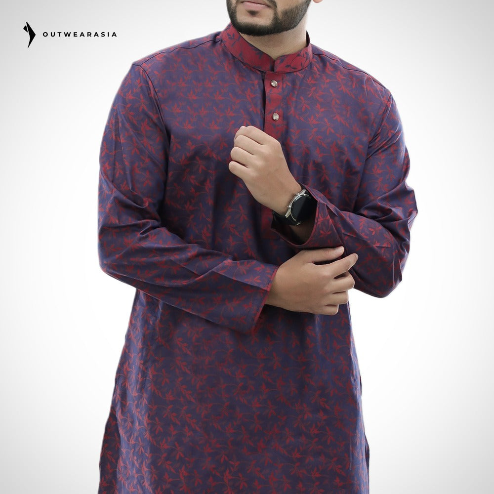 Men's Printed Jacquard Fabric Panjabi | Outwear - D24_Maroon