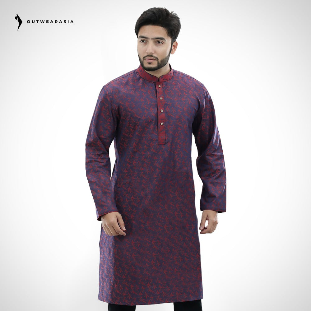 Men's Printed Jacquard Fabric Panjabi | Outwear - D24_Maroon