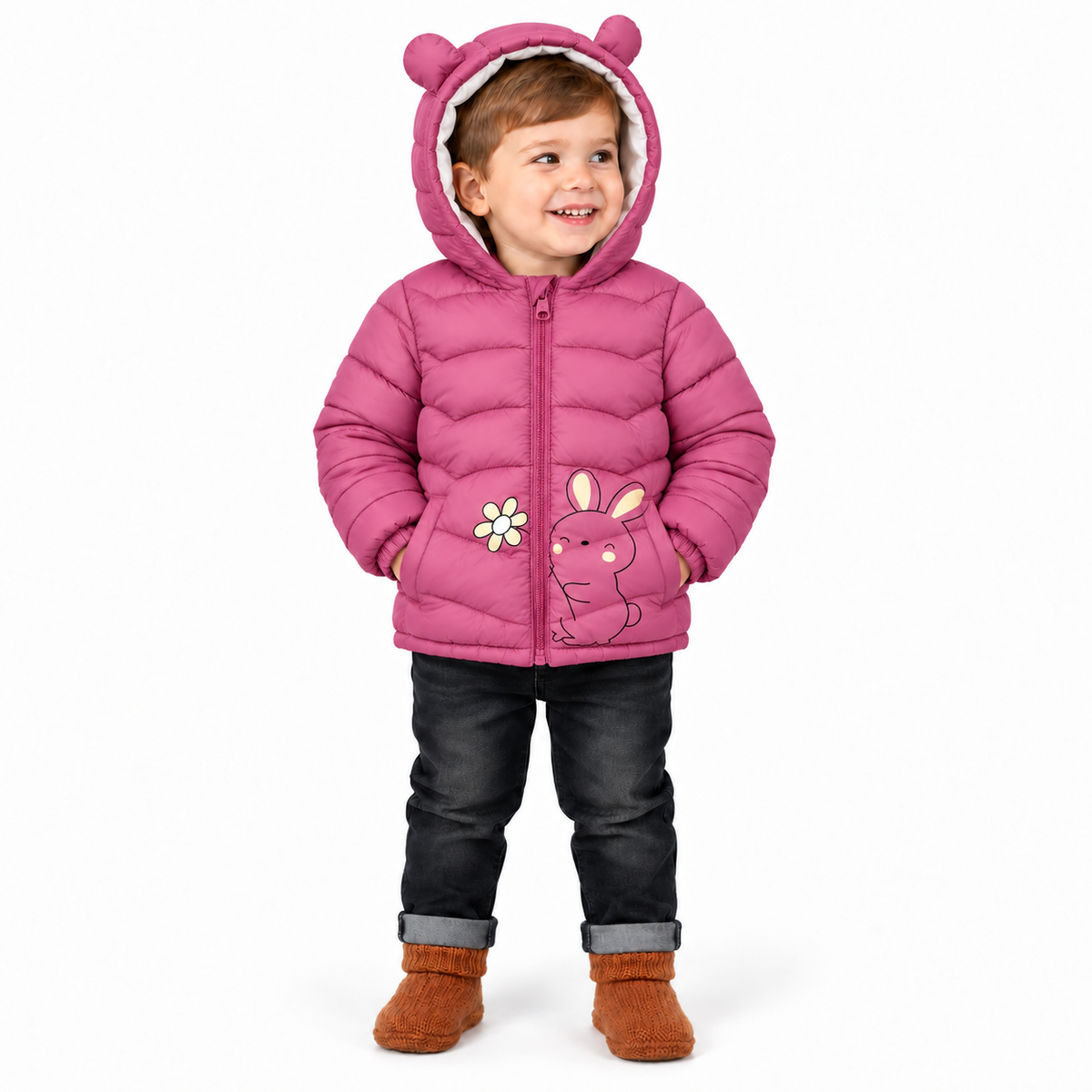 Kids' Cat Face Hooded Winter Puffer Jacket – Pink