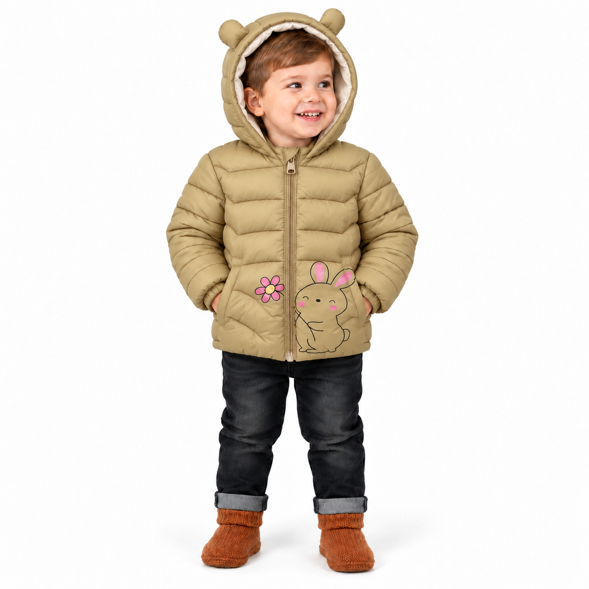 Kids' Cat Face Hooded Winter Puffer Jacket – Beige