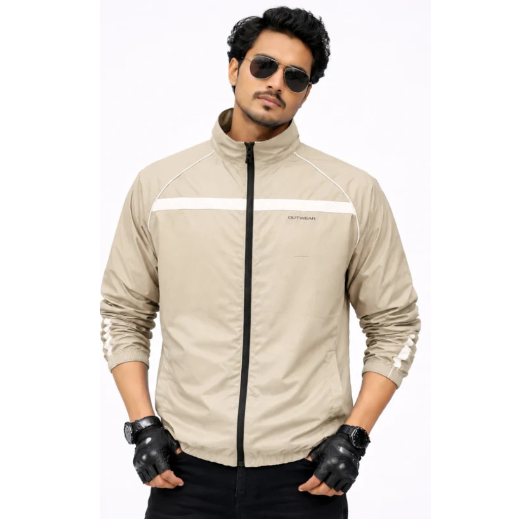 Printed Reflective, More Elasticity RIB & Raglan Collar Windbreaker- Gusty Beige