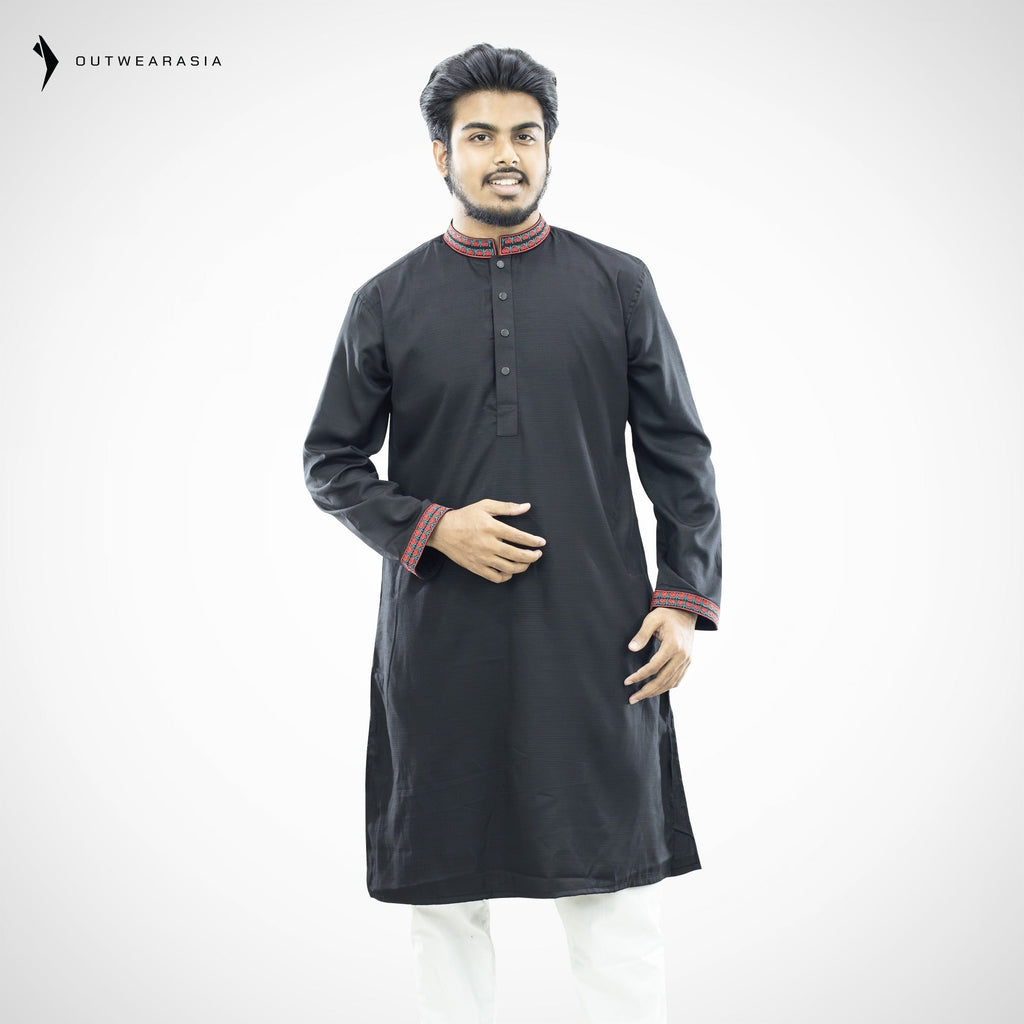 Outwear Men's Exclusive Embroidered Cotton Panjabi- D30_Black