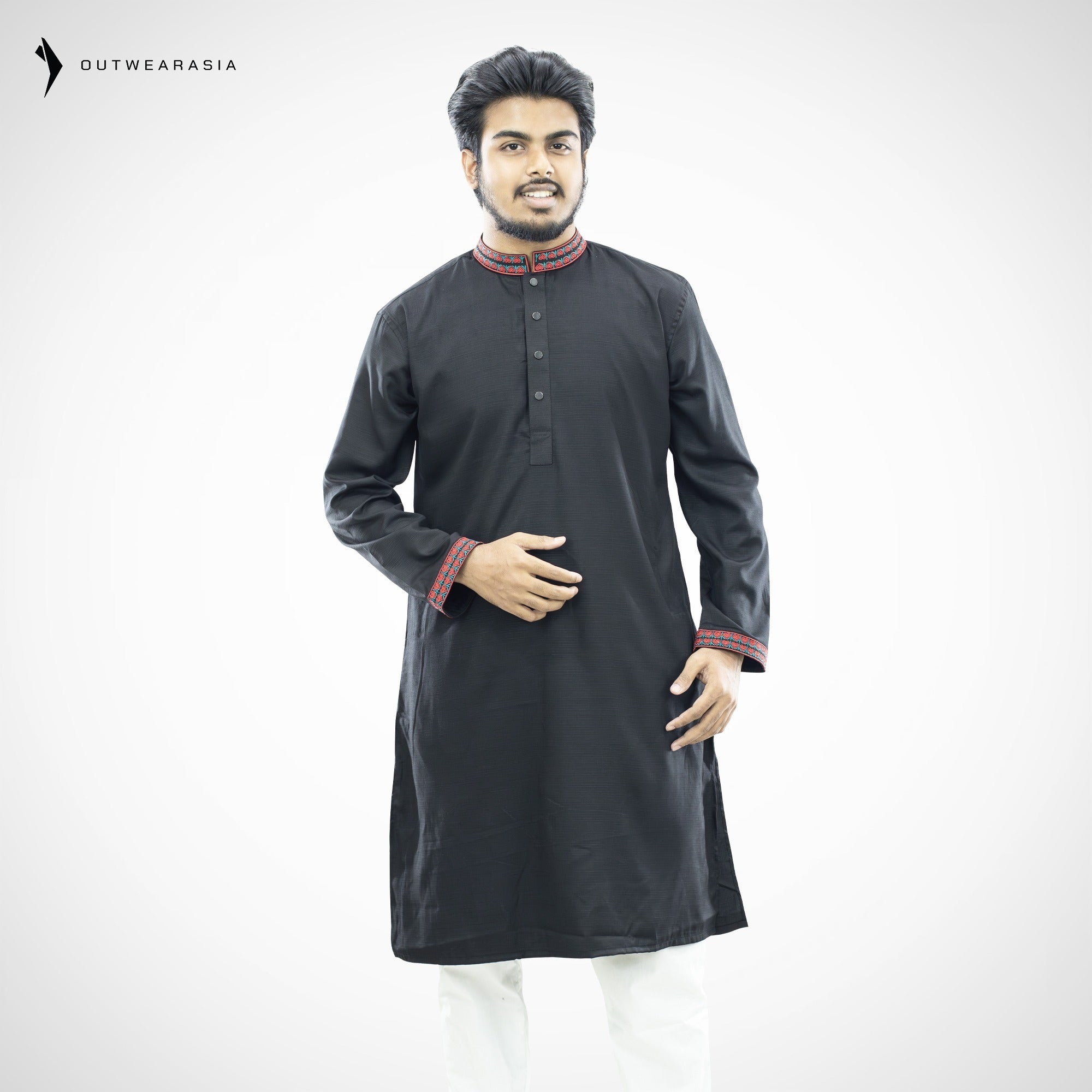 Outwear Men's Exclusive Embroidered Cotton Panjabi- D30_Black