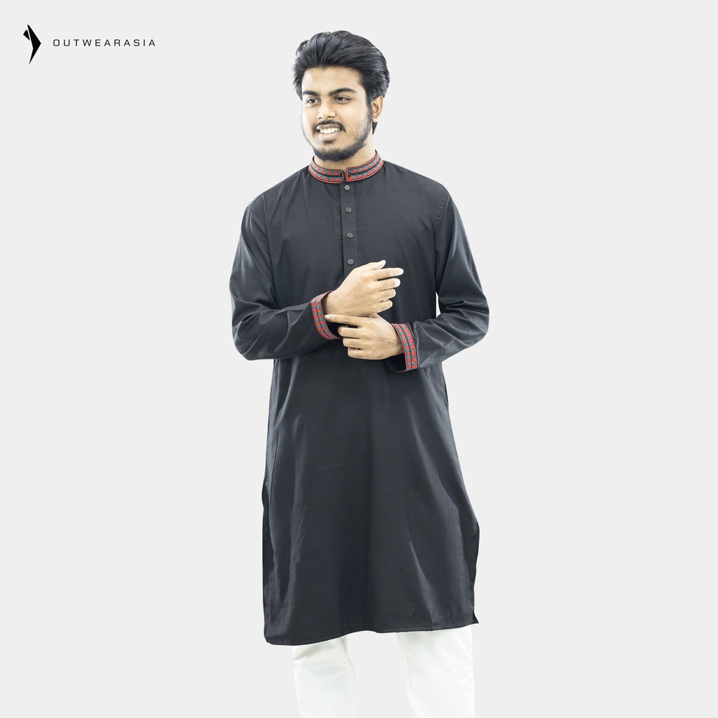 Outwear Men's Exclusive Embroidered Cotton Panjabi- D30_Black