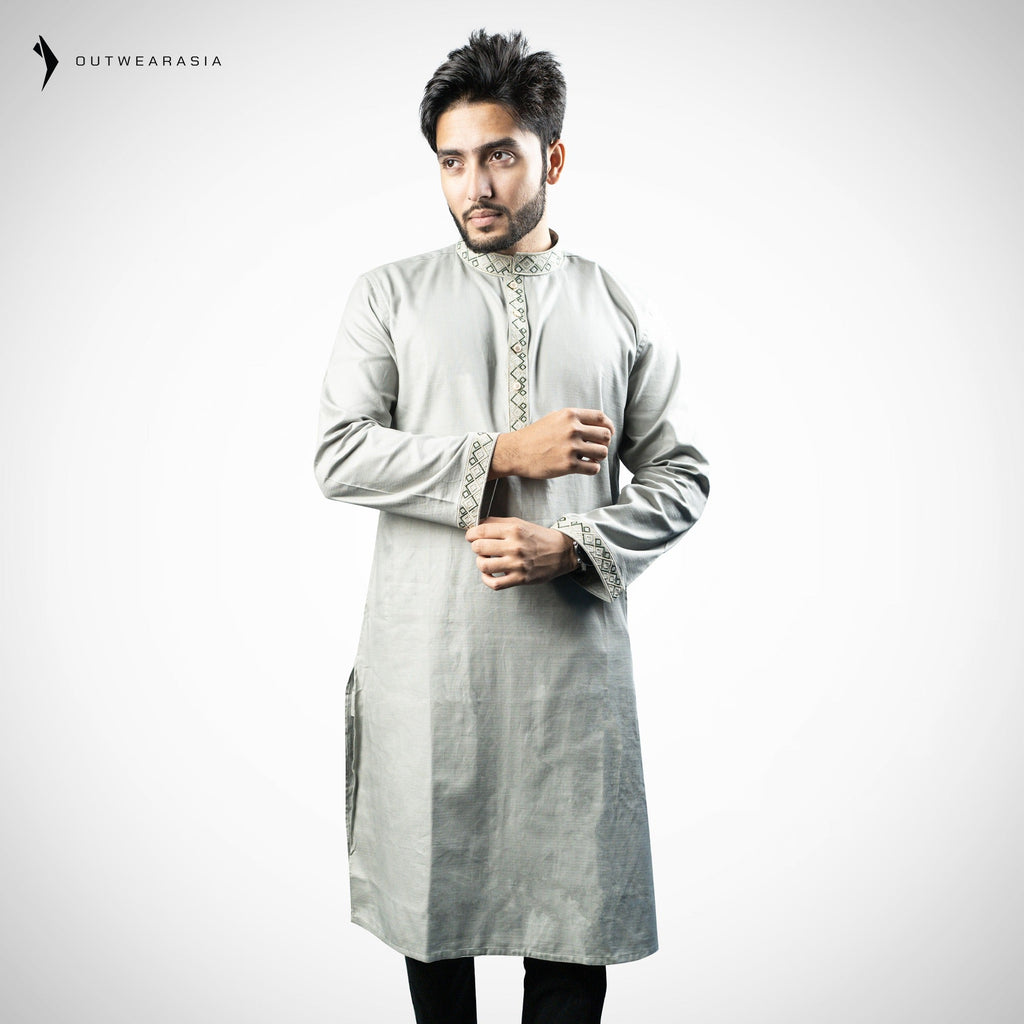 Outwear Men's Exclusive Embroidered Cotton Panjabi- D27_Light Olive