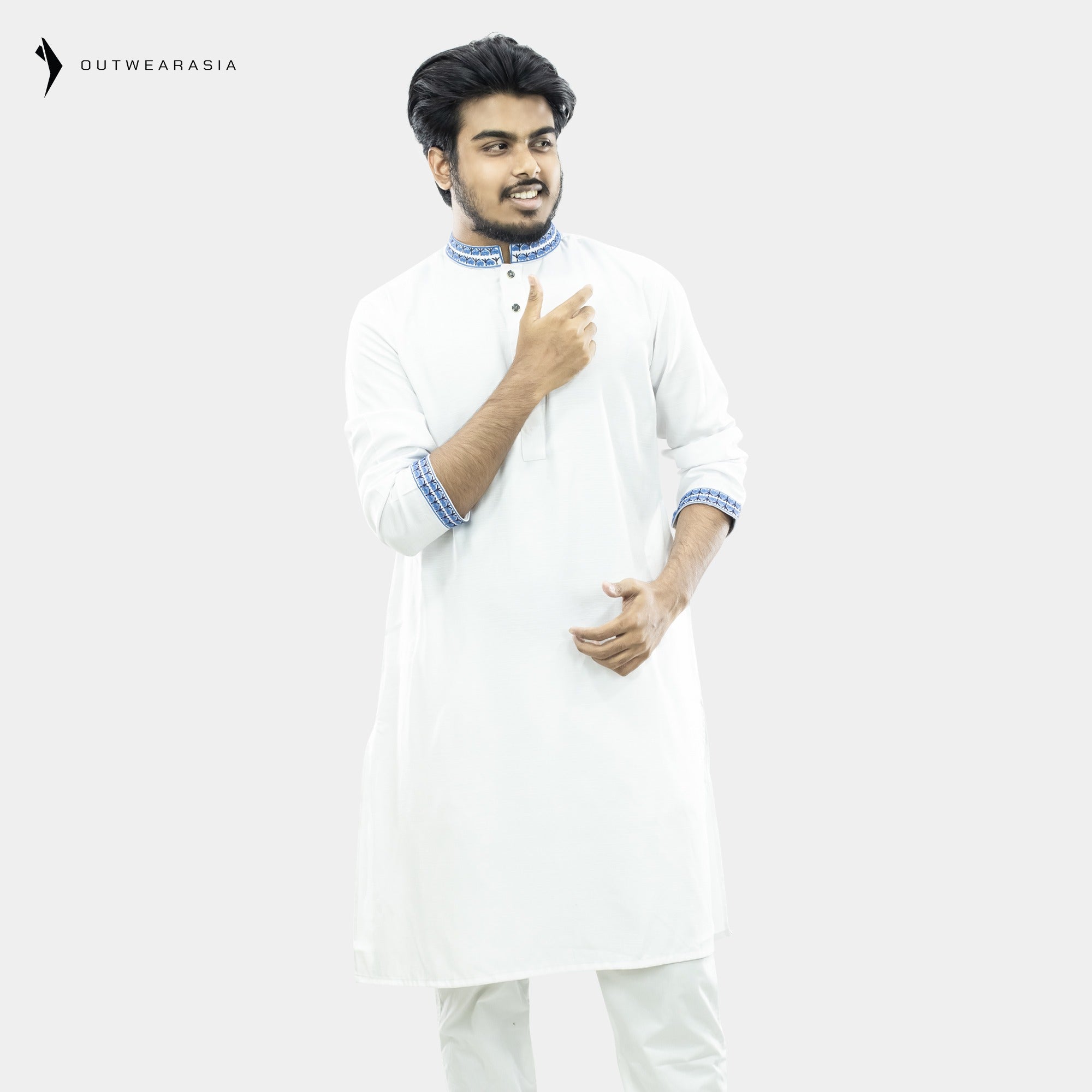 Outwear Men's Exclusive Embroidered Cotton Panjabi- D27_White